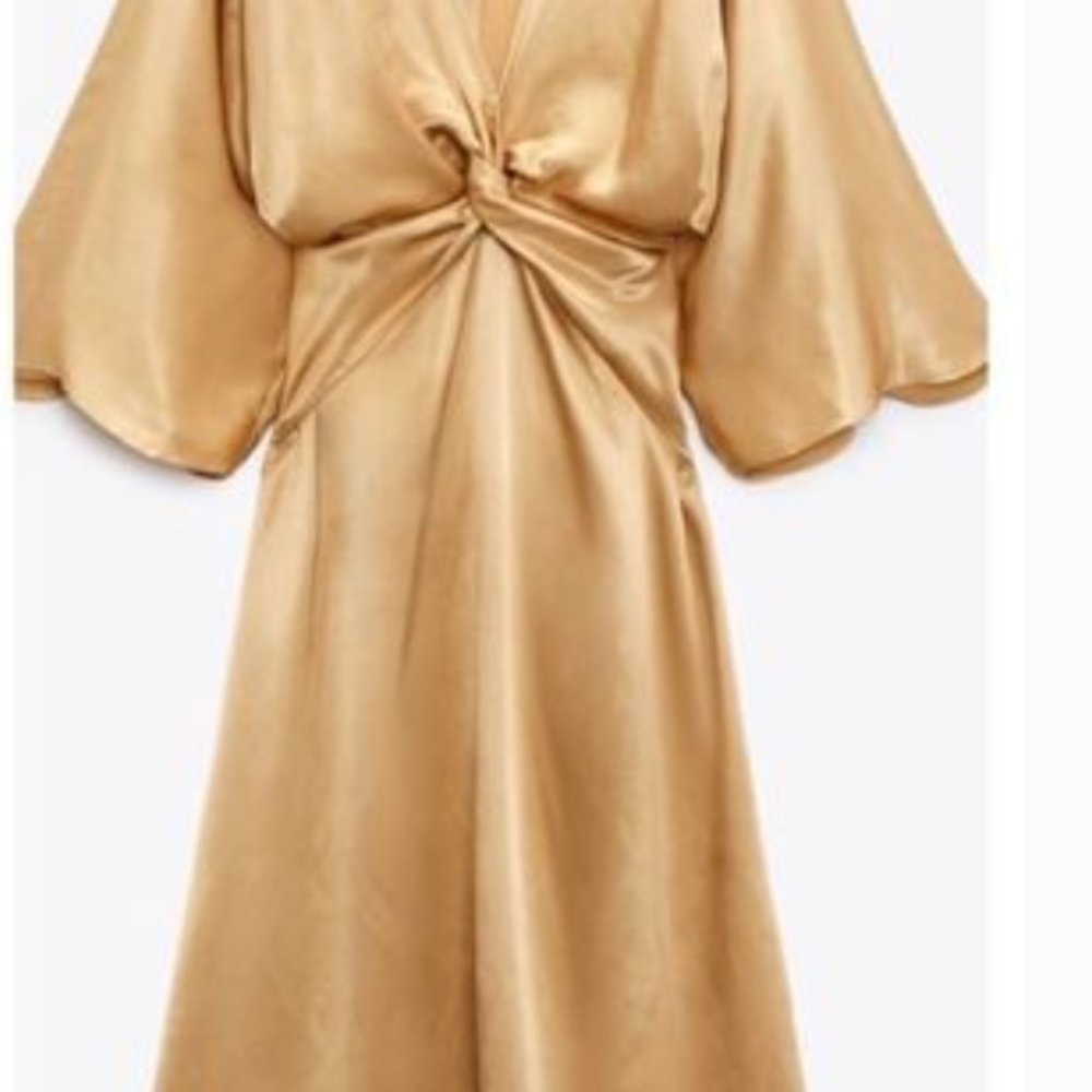 Gold inspiration. Midi dress/ satin with V-neck, long sleeves, zipper M 4-6